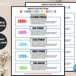 Bearbeitbare Sponsering-Level-Flyer-Vorlage: Sportteam-Spendenaktion (Digitaler Download)