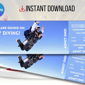 Billet cadeau de parachutisme surprise, carte de certificat de parachutisme surprise, bon de réduction, modèle surprise cadeau imprimable, téléchargement immédiat