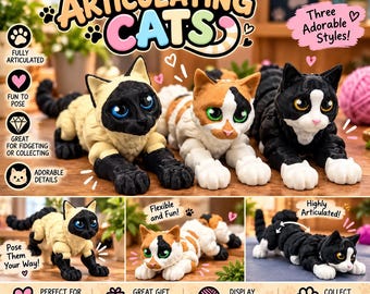 May include: Three articulated cat figurines in different color patterns: a cream and black Siamese style, a white, orange, and black calico style, and a black and white tuxedo style. Each cat has large eyes and movable joints for posing.