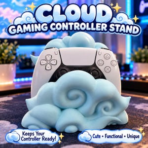 May include: A light blue cloud-shaped gaming controller stand holding a white and black game controller. The text CLOUD GAMING CONTROLLER STAND is displayed above, with Keeps Your Controller Ready and Cute Functional Unique below.