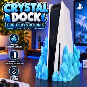 May include: A white and black PlayStation 5 disc edition console housed in a light blue, geometric crystal-shaped dock. The product features the text Crystal Dock for PlayStation 5 Disc Edition, along with icons highlighting a crystal design.