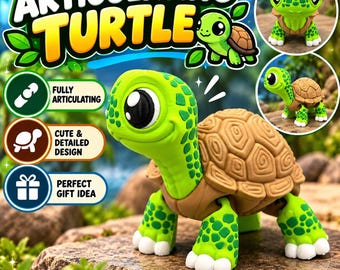 Puede incluir: Una figura de tortuga articulada de color verde brillante y bronceado con grandes ojos negros y un caparazón texturizado. El texto ARTICULATING TURTLE aparece arriba, junto a iconos circulares con las frases FULLY ARTICULATING, CUTE & DETAILED DESIGN y PERFECT GIFT IDEA.