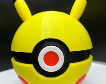 May include: A yellow and black 3D printed Pokeball with red accents. The Pokeball has a black band around the middle and a red and white circle on the front. The Pokeball is sitting on a black stand.
