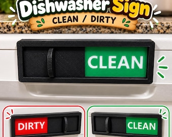 Puede incluir: Un letrero rectangular negro para lavavajillas con un mecanismo deslizante. El letrero cuenta con un panel verde con el texto blanco CLEAN y un panel rojo con el texto blanco DIRTY. El interruptor deslizante permite alternar entre ambos estados.