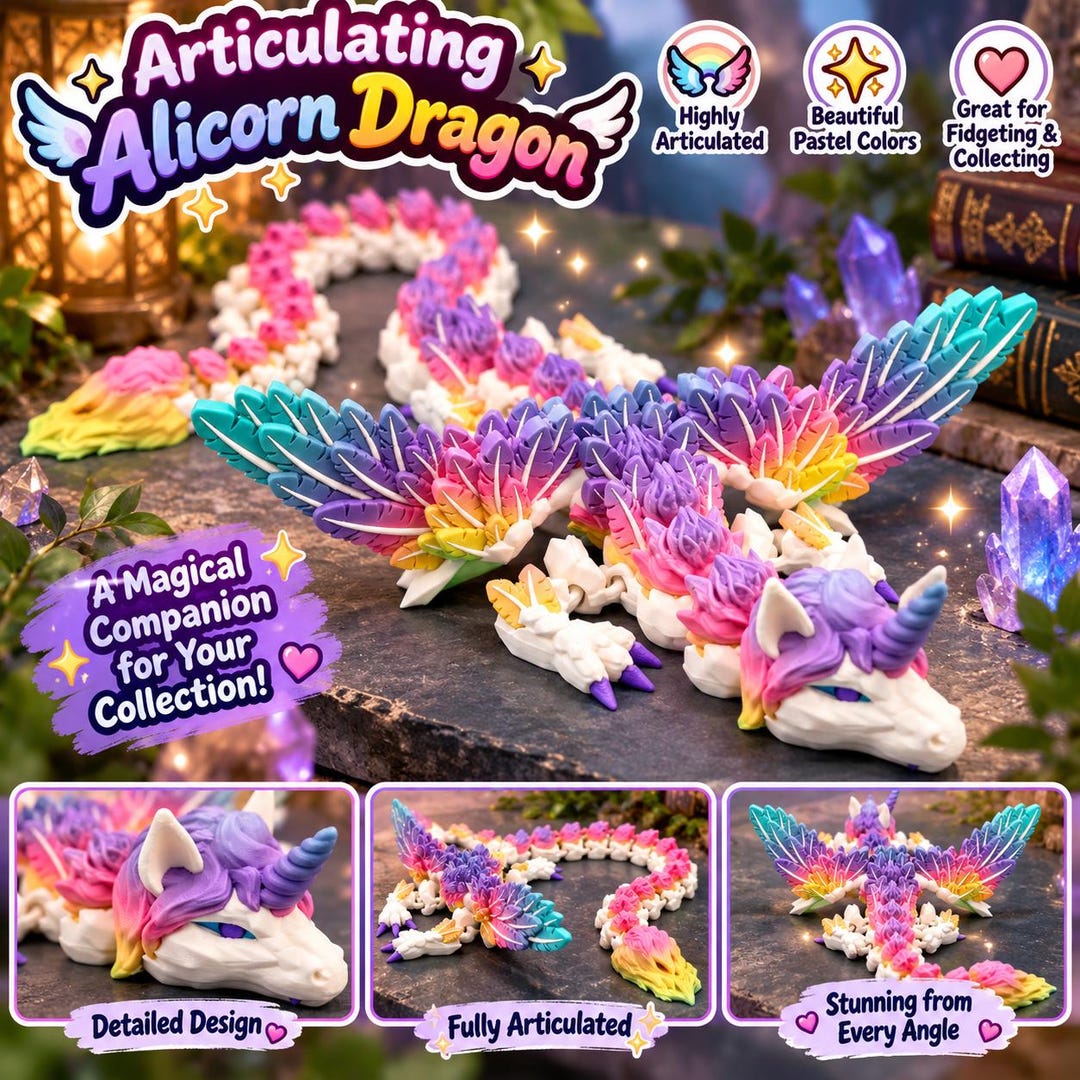 3D Printed Articulating Alicorn Dragon: Rainbow Unicorn Pegasus