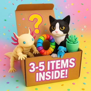 Op de afbeelding: Een bruine kartonnen doos met een gele vraagteken en de tekst "3-5 ITEMS BINNEN!" bevat een zwart-witte kattenfiguur, een blauwe hondenfiguur, een regenboogring, een groene vetplant en een gele axolotl-figuur.