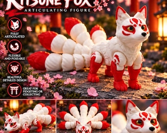 Peut inclure: Une figurine de renard Kitsune articulée avec des motifs de fourrure blancs et rouges, neuf queues segmentées et des marquages faciaux détaillés. La figurine est présentée dans plusieurs poses, mettant en valeur ses articulations flexibles.