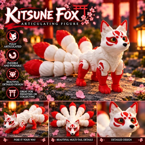 3D Printed Kitsune Figurine: Articulated Flexible Fidget Toy - Etsy
