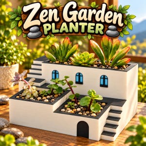 May include: A white multi-tiered planter shaped like a building with black stairs, black trim, and blue window accents. The planter contains various green succulents planted in small pebbles. The text Zen Garden PLANTER is displayed above.