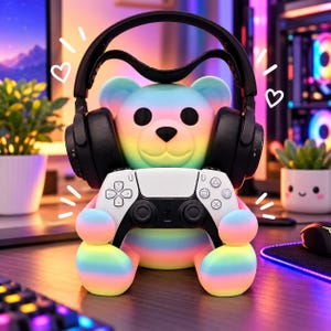 Cute Gummy Bear Gaming Controller Stand & Headset Holder | 3D Printed Controller Display | PS5 Xbox Switch Pro Controller Stand | Game Setup