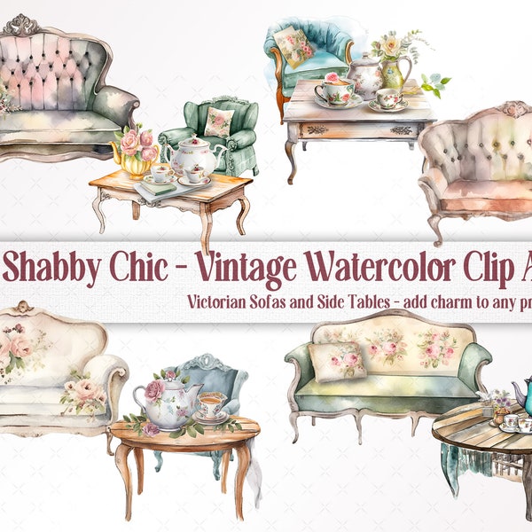 Shabby Chic Victorian Sofa and Side Tables Watercolor Clip Art - Romantic Vintage Parlor PNG Downloads, Elegance Meets Old World Charm