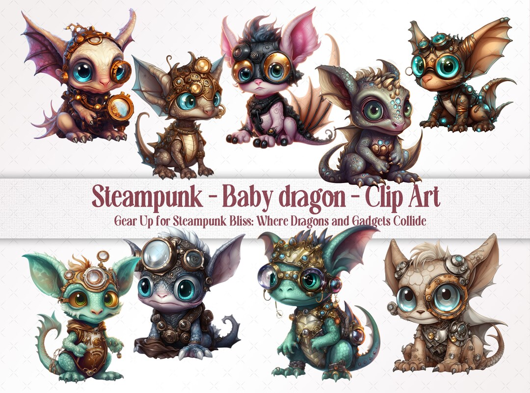9 Adorable Steampunk Baby Dragon PNG Graphics Junk Journal, Cards and ...