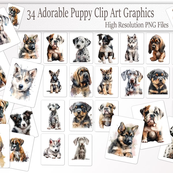 34 Puppy Clip Art Bundle, Blood Hound, Dalmatian, German Shepherd, Boxer, Border Collie, English Bulldog, Weimaraner, Rottweiler, Husky