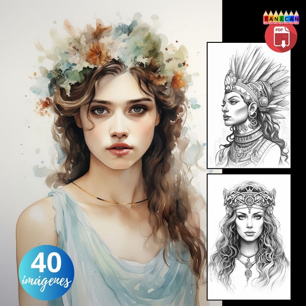 40 "Goddess Portraits" Coloring Pages / Printable Adult Coloring Pages / Grayscale Download