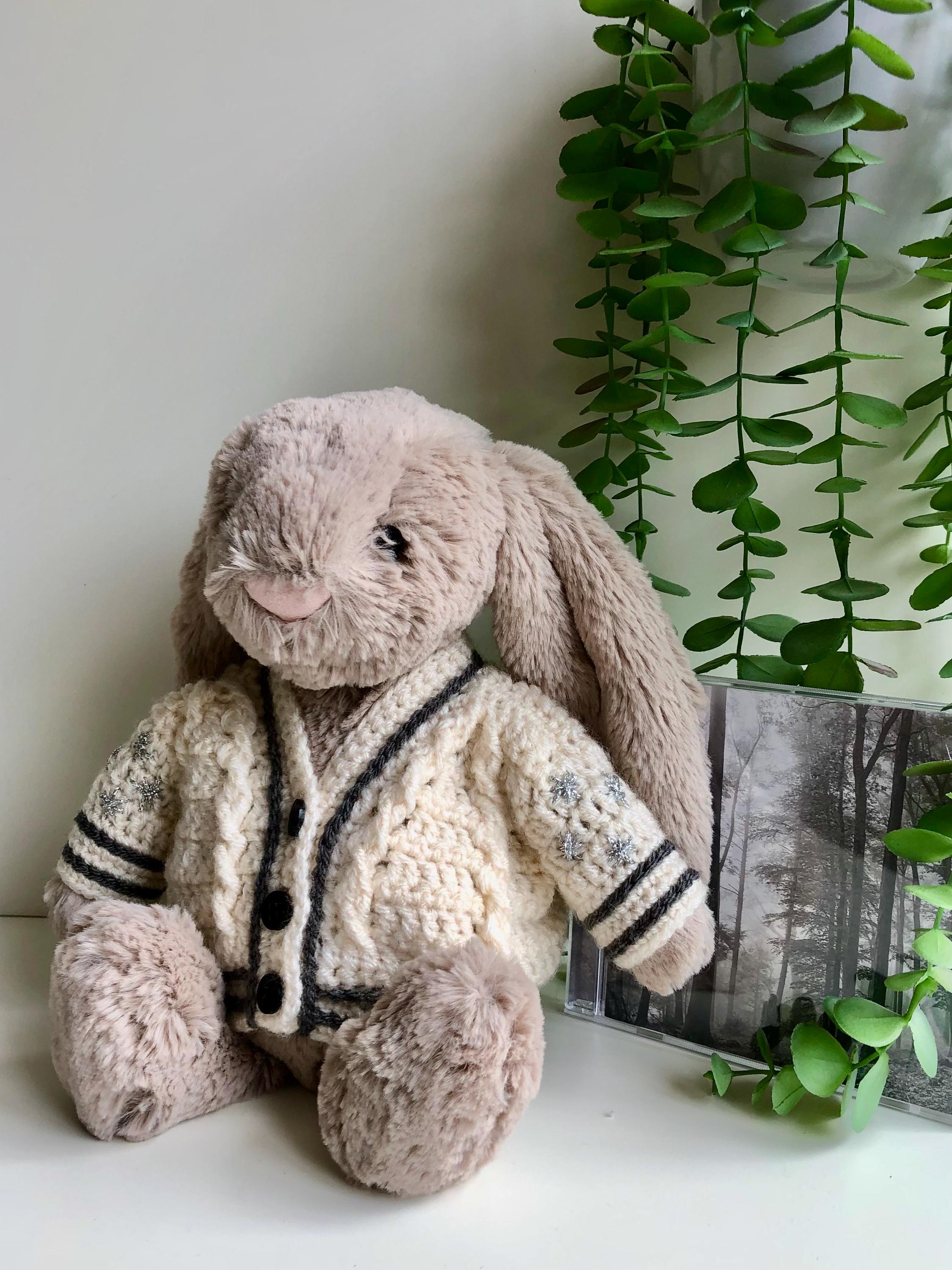Handmade Crochet ‘Folklore’ Inspired Cardigan, Made To Order To Fit Jellycat Medium Bashful Bunny