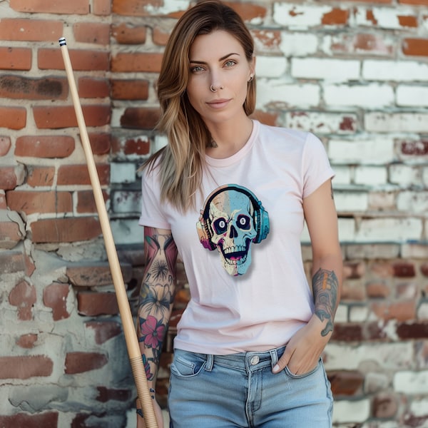 Eight Ball Skull T-shirt Skull Tee 8-Ball Tshirt Billiards T shirt Pool Top 8-ball 9-ball Pool player APA Cool Skull with Headphones