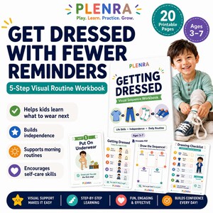 Puede incluir: Un cuaderno de trabajo visual imprimible de 20 páginas titulado Getting Dressed de Plenra para edades de 3 a 7 años. El set incluye guías paso a paso, una lista de verificación y actividades para ayudar a los niños a vestirse solos.
