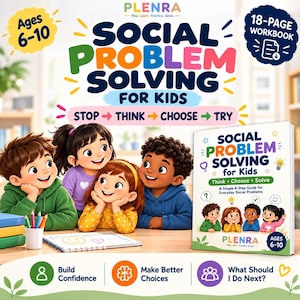 Könnte beinhalten: Ein 18-seitiges Arbeitsbuch mit dem Titel Social Problem Solving for Kids, das ein farbenfrohes Cover mit vier illustrierten Kindern, den Text Stop, Think, Choose, Try und das Plenra-Logo zeigt. Der Leitfaden ist für Kinder von 6 bis 10 Jahren gedacht.