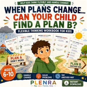 May include: A flexible thinking workbook for kids titled When Plans Change... Can Your Child Find a Plan B? The cover features a cartoon child in a green hoodie, surrounded by educational worksheets, a rainy scene, a sunny landscape, and text.