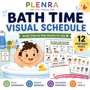 May include: A Bath Time Visual Schedule set featuring 12 printable pages, including a routine chart, reward tracker, and routine cards. The design displays a cartoon child in a bubble-filled bathtub with a yellow rubber duck, text, and icons.