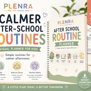 May include: A visual planner for children titled "Calmer After-School Routines." The planner includes 10 pages and is designed to help children build independence, reduce stress, and develop healthy habits. The planner is ready to print and use.