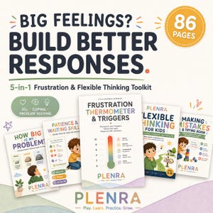 Op de afbeelding: Een 5-in-1 toolkit voor frustratie en flexibel denken met 86 pagina's. De set bevat vijf werkboeken getiteld How Big Is My Problem, Patience & Waiting Skills, Frustration Thermometer & Triggers, Flexible Thinking For Kids en Making Mistakes & Trying Again van Plenra.
