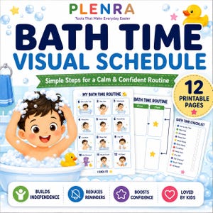 May include: A bath time visual schedule set by Plenra featuring 12 printable pages. The design includes a cartoon child in a bubble-filled tub, a numbered routine chart with 12 steps, a first-then board, and a checklist with colorful icons.
