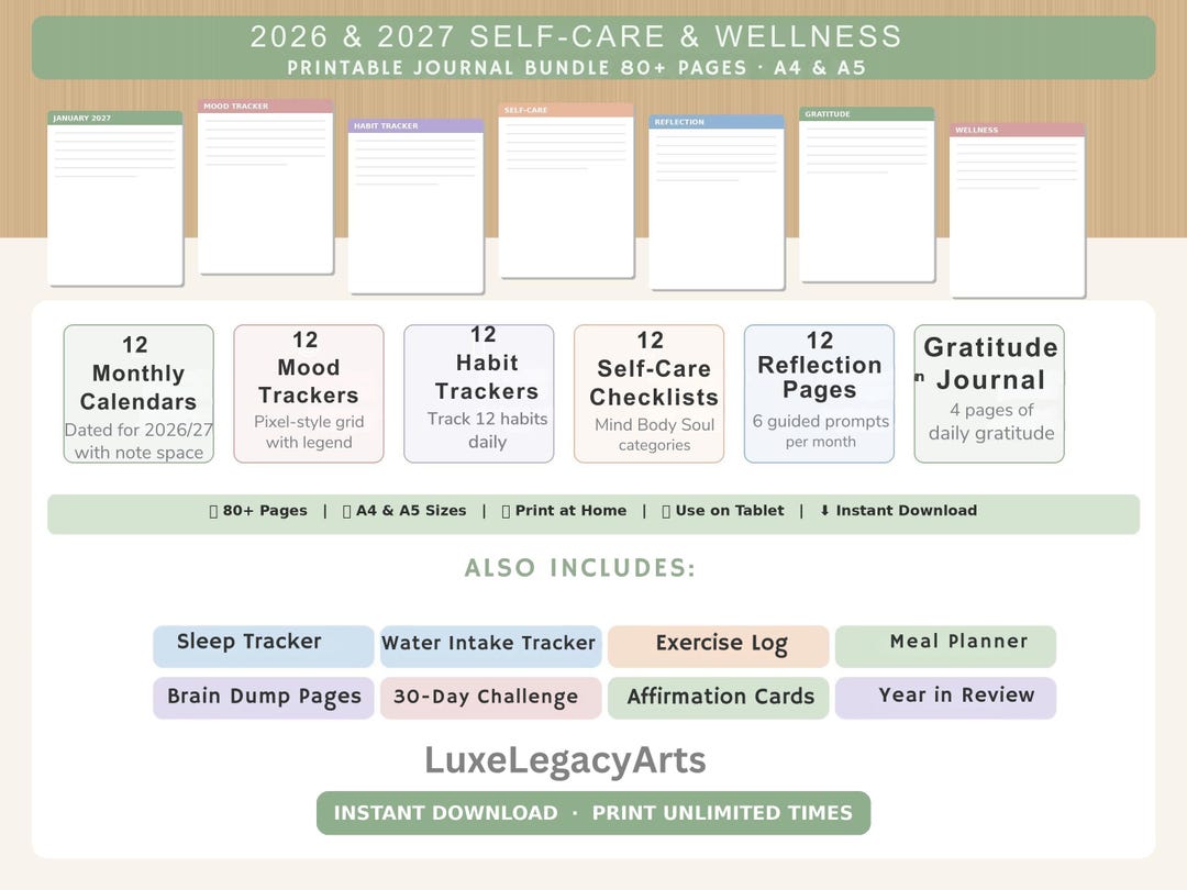 2026-2027 Self Care Journal Bundle | Printable Wellness Planner A5 A4 ...