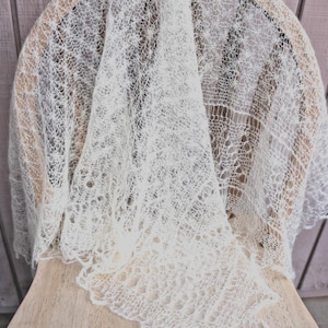 Authentic Orenburg Gossamer Lace Shawl, Hand-Knit White Merino Wool Wrap, Passes Through Wedding Ring Test, Wedding Bridal Stole 52"