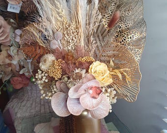 Dried Flower Arrangement, Gold Metal Vase, Neutral Everlasting Bouquet, Lasts Years
