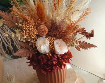 Dried Flower Arrangement, Burnt Orange Neutral Rustic Vase Decor