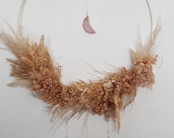 Wreath wall hanging, dreamcatcher, with rose quartz and clear quartz home decoration nursery gifts for her