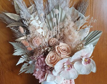 Arreglo floral seco, rosa melocotón y dorado, decoración de lujo para el hogar, gran ramo de flores en jarrón, flores naturales y orquídeas artificiales de tacto real.