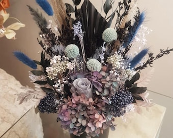 konserviertes Blumenarrangement, Farbwahl, kleine Gestecke nach Mass, Hausdekoration, Trockenblumengeschenk im Topf, Eventblumen