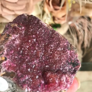 May include: A close-up of a raw mineral specimen featuring a vibrant, crystalline surface in shades of deep magenta and pink. The mineral sits atop a base of gray and white rock, showcasing its natural texture and color variations.