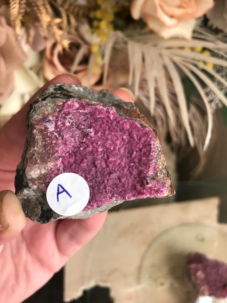 May include: A piece of raw mineral with a vibrant magenta crystal formation. The rough, gray exterior contrasts with the textured, crystalline interior. A white sticker with the letter "A" is affixed to the mineral.