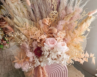 Arreglo floral con flores preservadas, jarrón arqueado, flores secas, rosas y rosa Austin, flores naturales, regalo del Día de la Madre para ella.