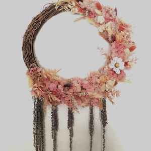 Grande couronne de fleurs séchées, tenture murale florale rose pêche pourpre, décor de base de saule