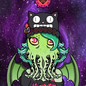 May include: A green and black cartoon illustration of a creature with tentacles, wings, and a black cat hat. The creature is wearing a black shirt with the word "Lovecraft" written in red and yellow letters. The background is a purple galaxy with stars.