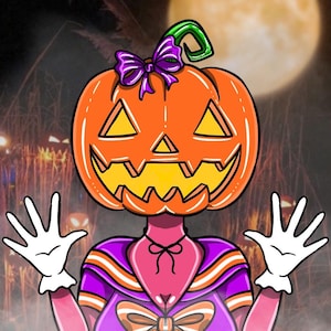 May include: A digital illustration of a Halloween-themed character with a pumpkin head, wearing a pink and purple outfit with a large bow. The character is wearing white gloves and is set against a background of a full moon and spooky scenery.