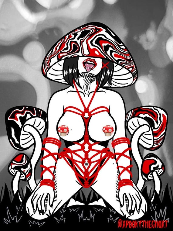 Red Shibari Bondage NSFW Sexy Mushroom Waifu Babe Glow in the Dark Sticker