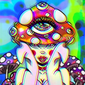 May include: A psychedelic illustration of a woman with a mushroom for a head. The mushroom is red with white spots and has a large eye in the center. The woman is wearing a pink dress and has a choker around her neck. The background is a swirling mix of colors.