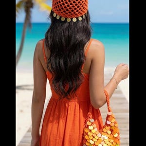 Crochet Orange Sequined Bag Hat Set Festival Boho Set