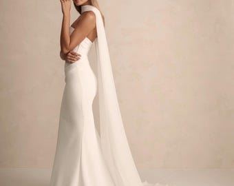 Afneembare minimalistische stropdas, lange chiffonsjaal bruiloft, smalle sjaal bruidshals en haarstrik, bruidssluiersjaal, omslagdoek van chiffon