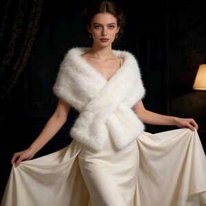 May include: A woman wearing a white faux fur wrap over a cream-colored gown. The wrap is fluffy and crosses over the chest. The gown has a flowing skirt. The background is dark with a warm light source.