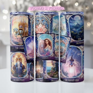 Envoltura de vaso de cartas de tarot, Cartas de tarot de cuento de hadas Diseño de sublimación delgada de 20 oz, Descarga digital PNG de vaso, Diseño de vaso de cartas de tarot