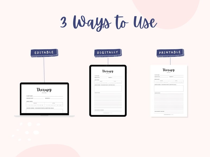 May include: A graphic showing three ways to use a printable therapy notes template: editable, digitally, and printable. The template has a title that says "Therapy Notes" and includes sections for date, mood, triggers, coping skills, and notes.
