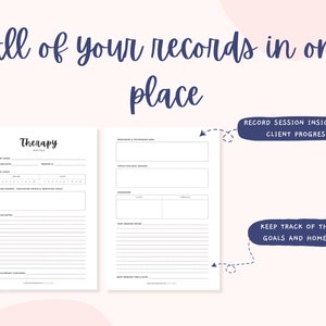 May include: Two printable pages for recording therapy sessions. The first page has a header that says "Therapy Notes" and includes sections for client name, session date, session number, session length, progress points & identifying goals, session notes, and overarching concerns. The second page has sections for mood & techniques used, topics for next session, homework, post session notes, and next session time & date.