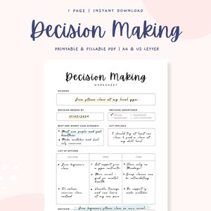 Decision Making Worksheet - Decision Planner, Anxiety Journal, Pros and Cons List, Printable Therapy Worksheets, Therapy Tools