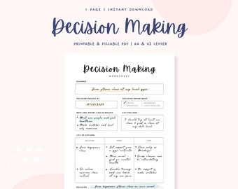 Decision Making Worksheet - Decision Planner, Anxiety Journal, Pros and Cons List, Printable Therapy Worksheets, Therapy Tools